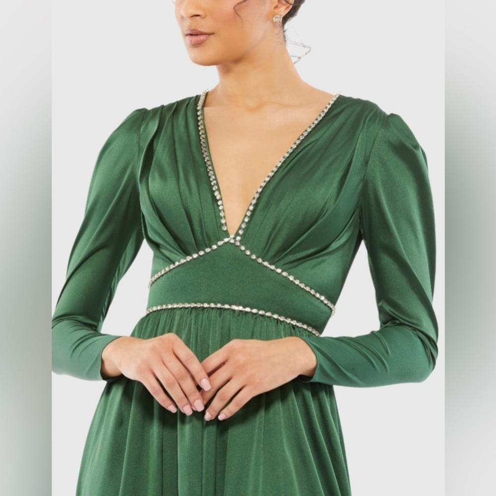 IEENA FOR MAC DUGGAL Rhinestone Trim Puff Sleeve Gathered Formal Gown Green Sz 6 - Picture 3 of 12